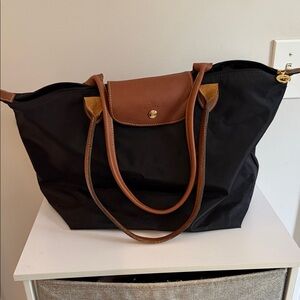 Longchamp Black Tote with Brown Leather Accents